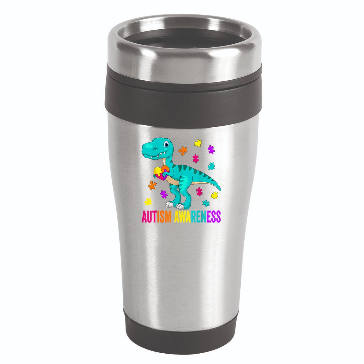 Autism Awareness Dinosaur Colorful Autism Puzzle Pieces 16oz Travel Tumbler