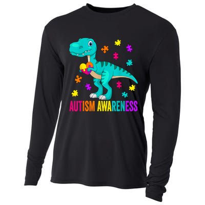 Autism Awareness Dinosaur Colorful Autism Puzzle Pieces Cooling Performance Long Sleeve Crew