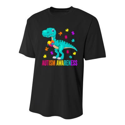 Autism Awareness Dinosaur Colorful Autism Puzzle Pieces Youth Performance Sprint T-Shirt