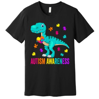 Autism Awareness Dinosaur Colorful Autism Puzzle Pieces Premium T-Shirt