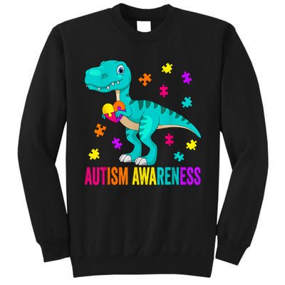 Autism Awareness Dinosaur Colorful Autism Puzzle Pieces Tall Sweatshirt