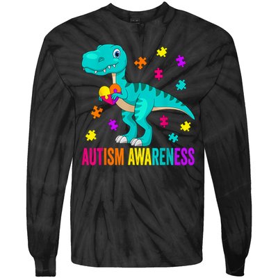 Autism Awareness Dinosaur Colorful Autism Puzzle Pieces Tie-Dye Long Sleeve Shirt
