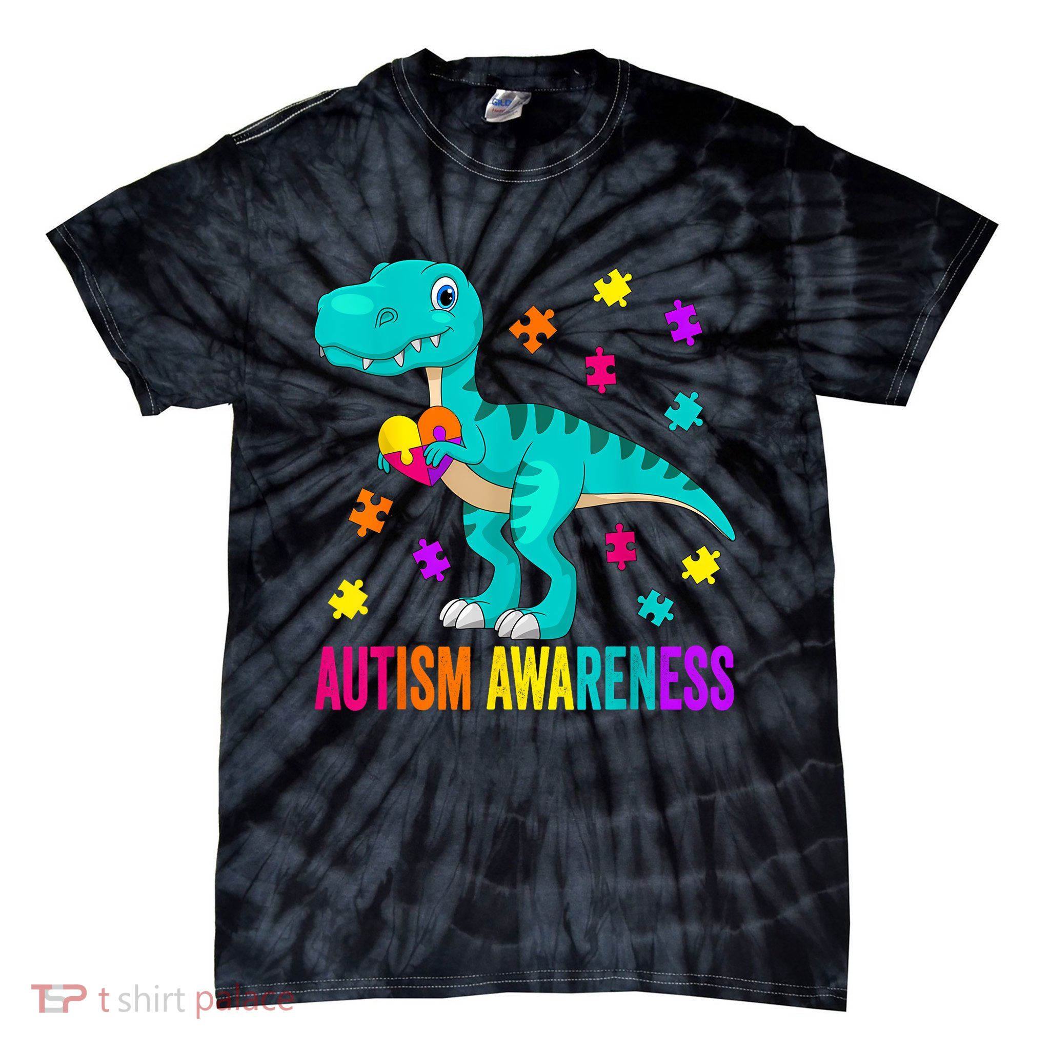 Autism Awareness Dinosaur Colorful Autism Puzzle Pieces Tie-Dye T-Shirt