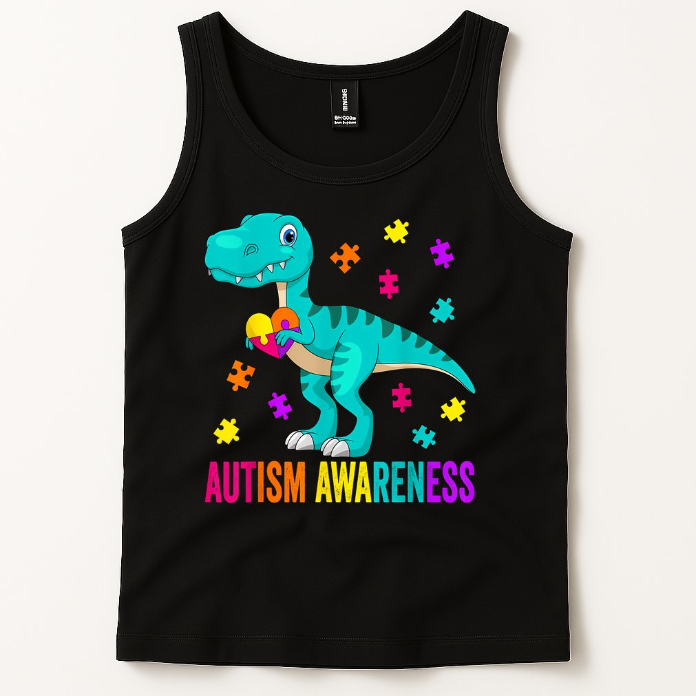 Autism Awareness Dinosaur Colorful Autism Puzzle Pieces Tank Top