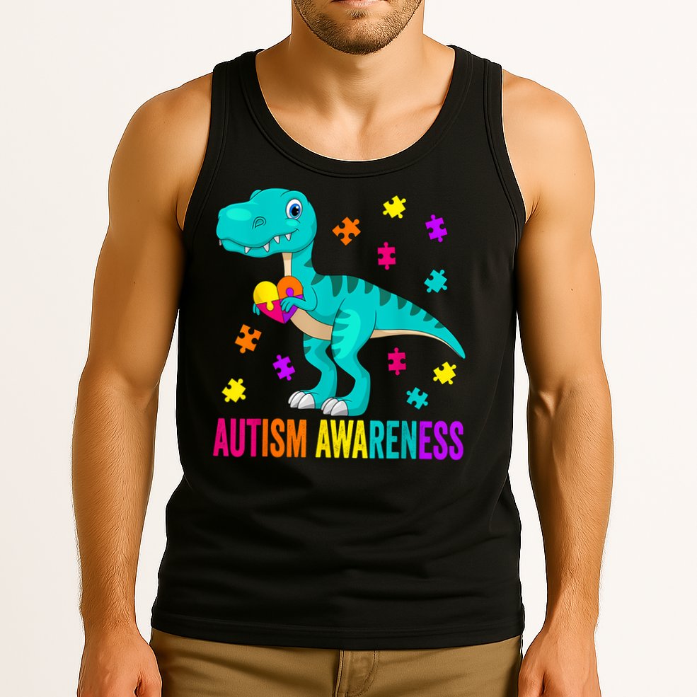 Autism Awareness Dinosaur Colorful Autism Puzzle Pieces Tank Top