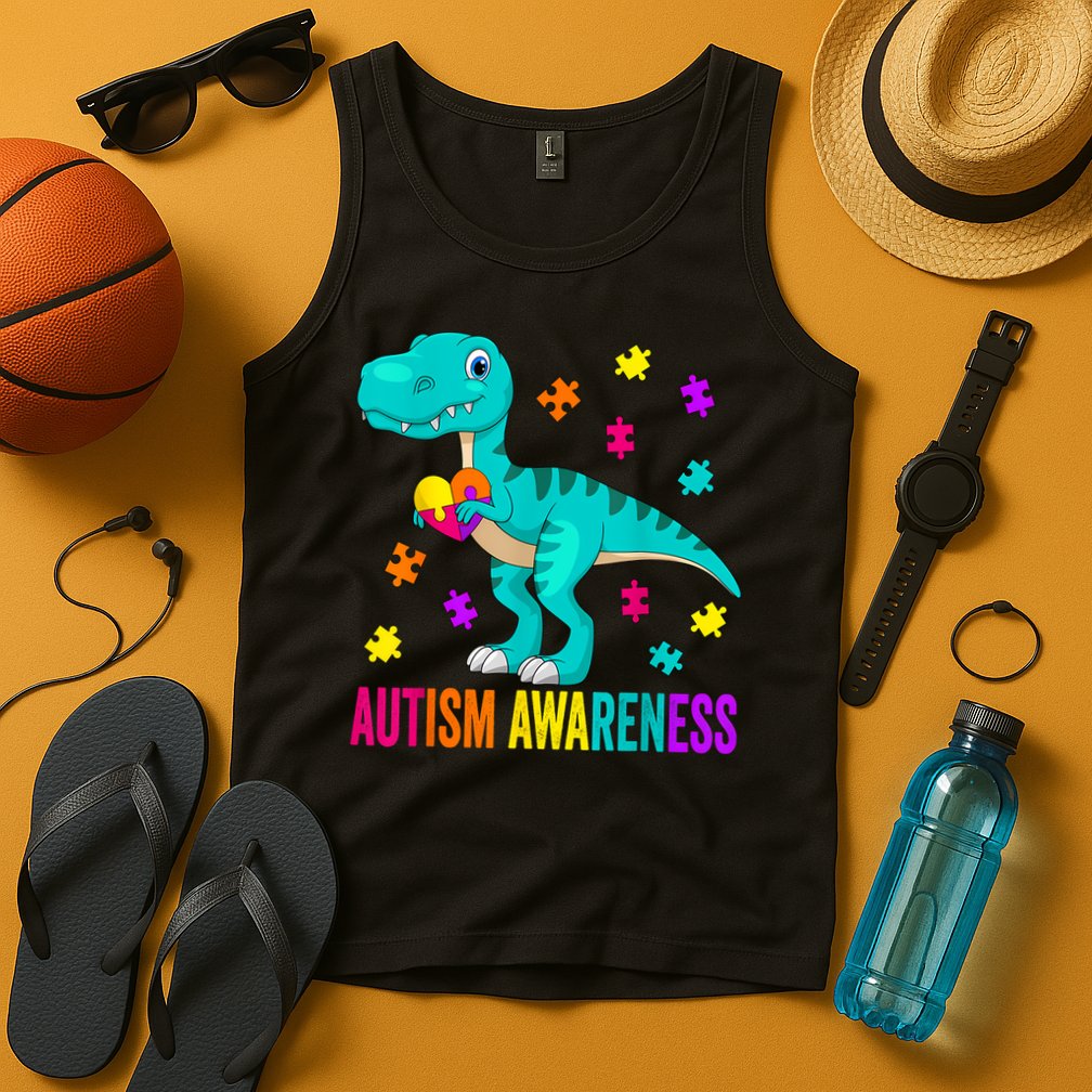 Autism Awareness Dinosaur Colorful Autism Puzzle Pieces Tank Top