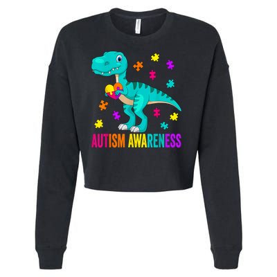 Autism Awareness Dinosaur Colorful Autism Puzzle Pieces Cropped Pullover Crew