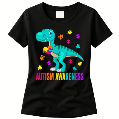 Autism Awareness Dinosaur Colorful Autism Puzzle Pieces Womens T-Shirt