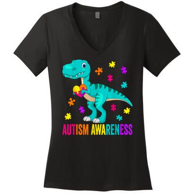 Autism Awareness Dinosaur Colorful Autism Puzzle Pieces Women's V-Neck T-Shirt