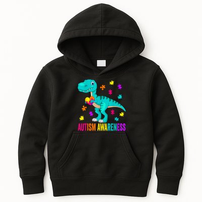 Autism Awareness Dinosaur Colorful Autism Puzzle Pieces Kids Hoodie
