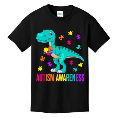 Autism Awareness Dinosaur Colorful Autism Puzzle Pieces Kids T-Shirt