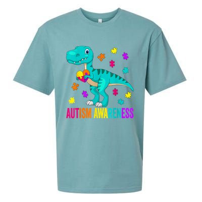 Autism Awareness Dinosaur Colorful Autism Puzzle Pieces Sueded Cloud Jersey T-Shirt