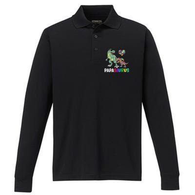 Autism Awareness Dinosaur Papasaurus Papa Performance Long Sleeve Polo