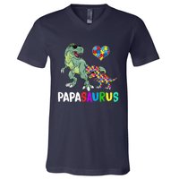 Autism Awareness Dinosaur Papasaurus Papa V-Neck T-Shirt