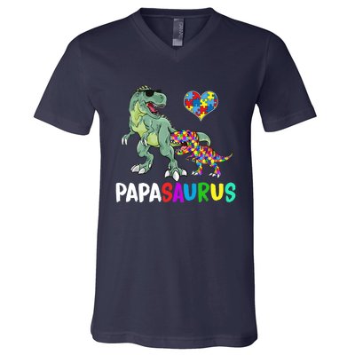 Autism Awareness Dinosaur Papasaurus Papa V-Neck T-Shirt