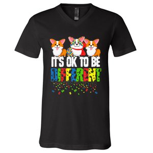 Autism Awareness Day Corgi It's Ok To Be Different V-Neck T-Shirt