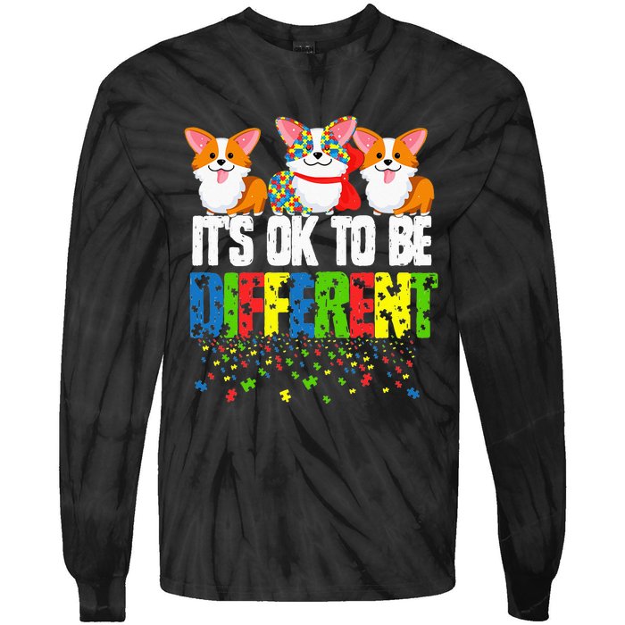 Autism Awareness Day Corgi It's Ok To Be Different Tie-Dye Long Sleeve Shirt