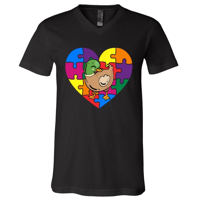 Autism Awareness Duck Heart ValentineS Day Puzzle Piece V-Neck T-Shirt