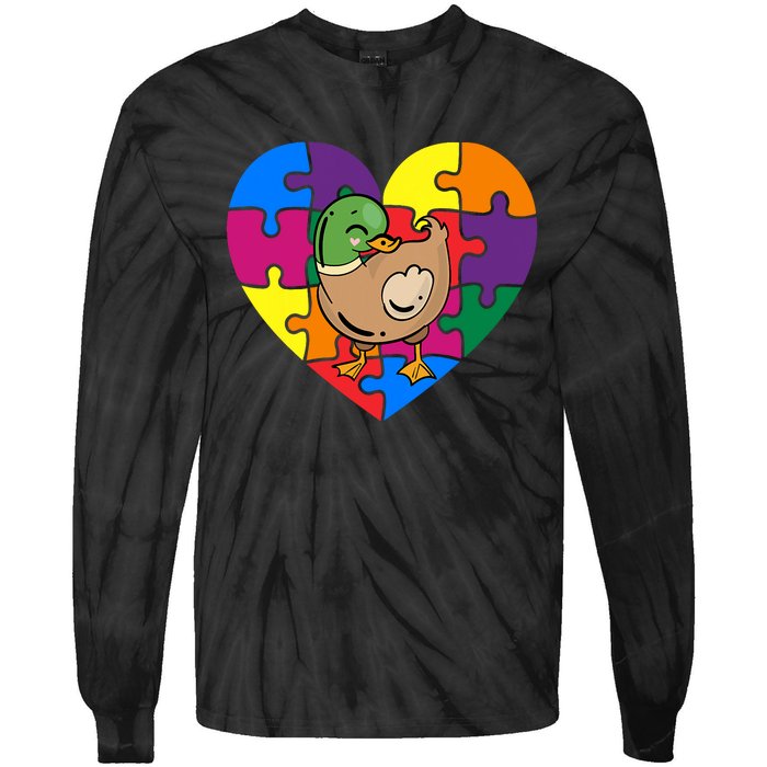 Autism Awareness Duck Heart ValentineS Day Puzzle Piece Tie-Dye Long Sleeve Shirt