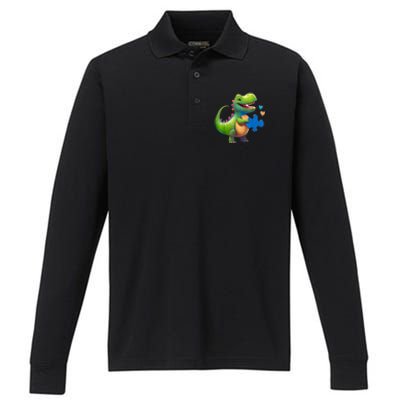 Autism Awareness Dinosaur Puzzle Piece Love Autistic Support Performance Long Sleeve Polo