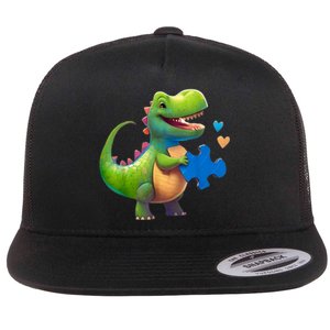 Autism Awareness Dinosaur Puzzle Piece Love Autistic Support Flat Bill Trucker Hat