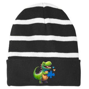 Autism Awareness Dinosaur Puzzle Piece Love Autistic Support Striped Beanie with Solid Band