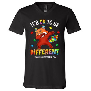 Autism Awareness Dabbing Red Panda It's Ok To Be Different V-Neck T-Shirt