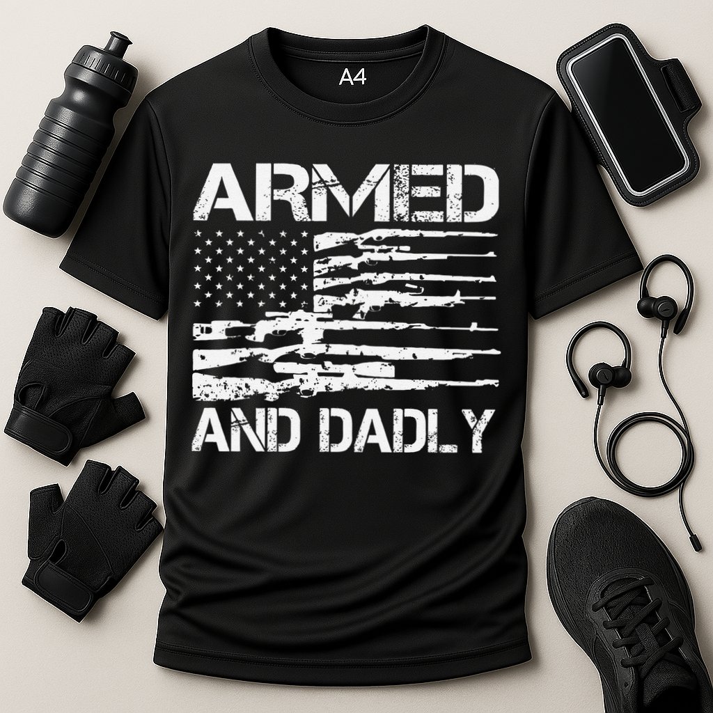 Armed And Dadly Funny Deadly Father For Fathers Day USA Flag Performance Shirt