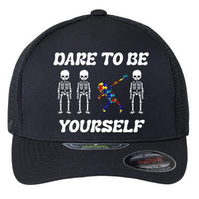 Autism Awareness Dare To Be Yours Dabbing Skeleton Puzzle Gift Flexfit Unipanel Trucker Cap