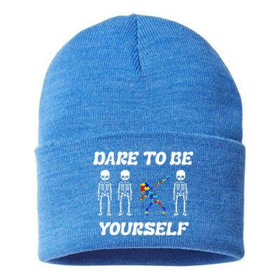 Autism Awareness Dare To Be Yours Dabbing Skeleton Puzzle Gift Sustainable Knit Beanie