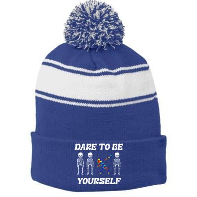 Autism Awareness Dare To Be Yours Dabbing Skeleton Puzzle Gift Stripe Pom Pom Beanie