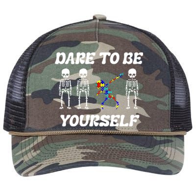 Autism Awareness Dare To Be Yours Dabbing Skeleton Puzzle Gift Retro Rope Trucker Hat Cap