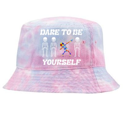 Autism Awareness Dare To Be Yours Dabbing Skeleton Puzzle Gift Tie-Dyed Bucket Hat