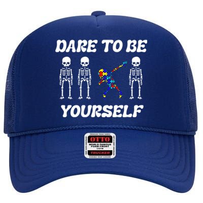 Autism Awareness Dare To Be Yours Dabbing Skeleton Puzzle Gift High Crown Mesh Back Trucker Hat