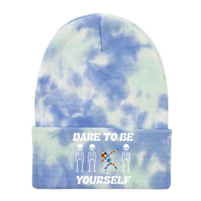 Autism Awareness Dare To Be Yours Dabbing Skeleton Puzzle Gift Tie Dye 12in Knit Beanie