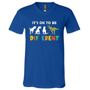 Autism Awareness Dinosaur Its Ok To Be Different Funny Gift V-Neck T-Shirt