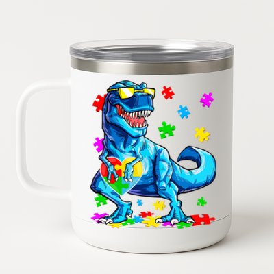 Autism Awareness Dinosaurs Autistic T Rex Heart Gift 12 oz Stainless Steel Tumbler Cup