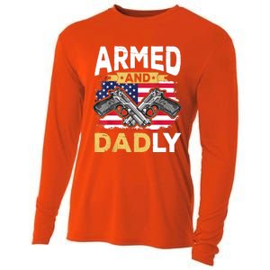 Armed And Dadly Funny Deadly Father USA Flag Fathers Day Cooling Performance Long Sleeve Crew