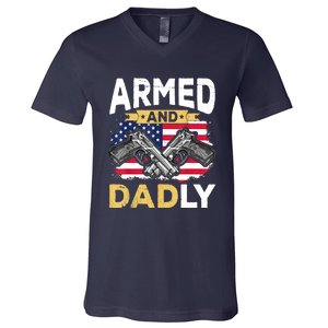 Armed And Dadly Funny Deadly Father USA Flag Fathers Day V-Neck T-Shirt