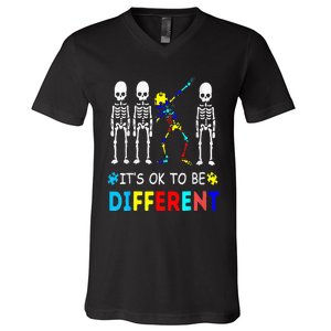 Autism Awareness Dabbing Skeleton It's Ok To Be Different V-Neck T-Shirt