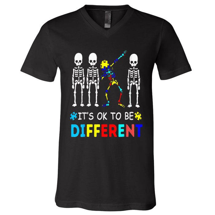 Autism Awareness Dabbing Skeleton It's Ok To Be Different V-Neck T-Shirt