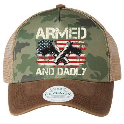 Armed And Dadly Armed And Deadly Daddy Dad Distressed USA American Flag Legacy Tie Dye Trucker Hat