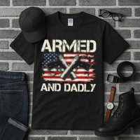 Armed And Dadly Armed And Deadly Daddy Dad Distressed USA American Flag Tall T-Shirt
