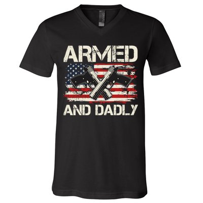 Armed And Dadly Armed And Deadly Daddy Dad Distressed USA American Flag V-Neck T-Shirt