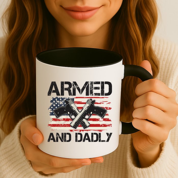 Armed And Dadly Armed And Deadly Daddy Dad Distressed USA American Flag Mug