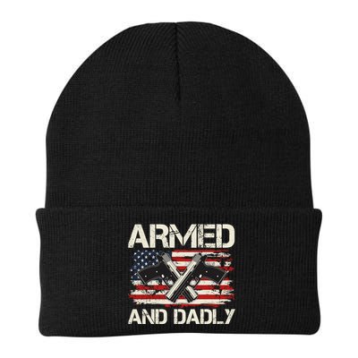 Armed And Dadly Armed And Deadly Daddy Dad Distressed USA American Flag Beanie