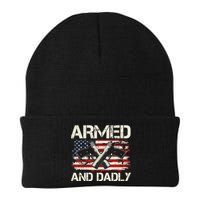 Armed And Dadly Armed And Deadly Daddy Dad Distressed USA American Flag Beanie