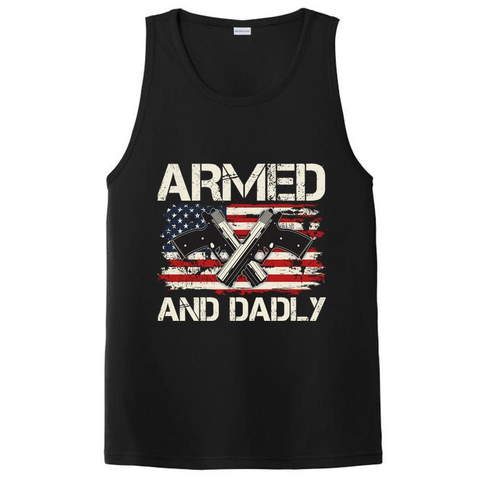 Armed And Dadly Armed And Deadly Daddy Dad Distressed USA American Flag PosiCharge Competitor Tank