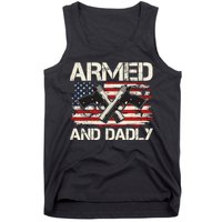 Armed And Dadly Armed And Deadly Daddy Dad Distressed USA American Flag Tank Top
