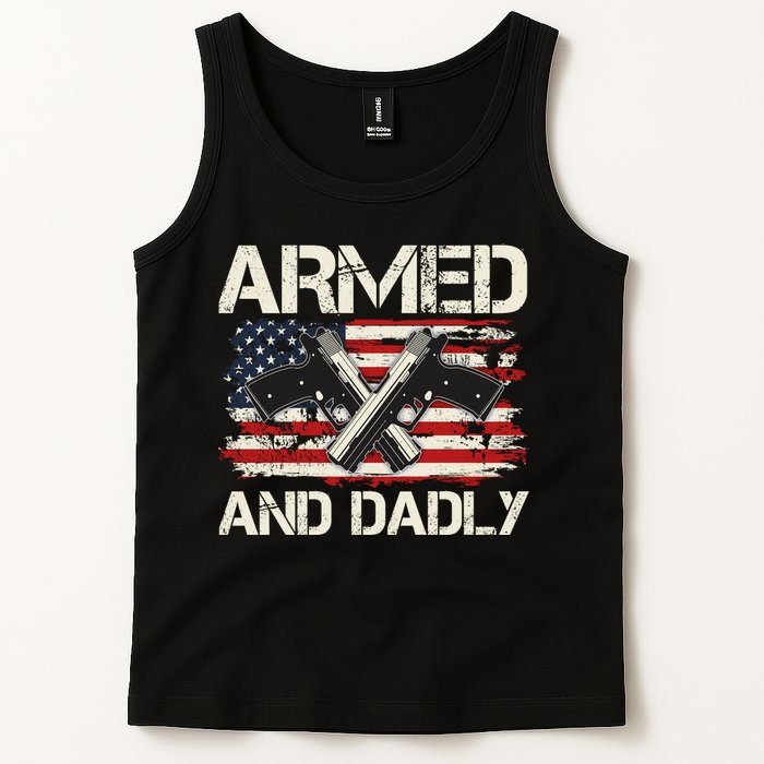 Armed And Dadly Armed And Deadly Daddy Dad Distressed USA American Flag Tank Top